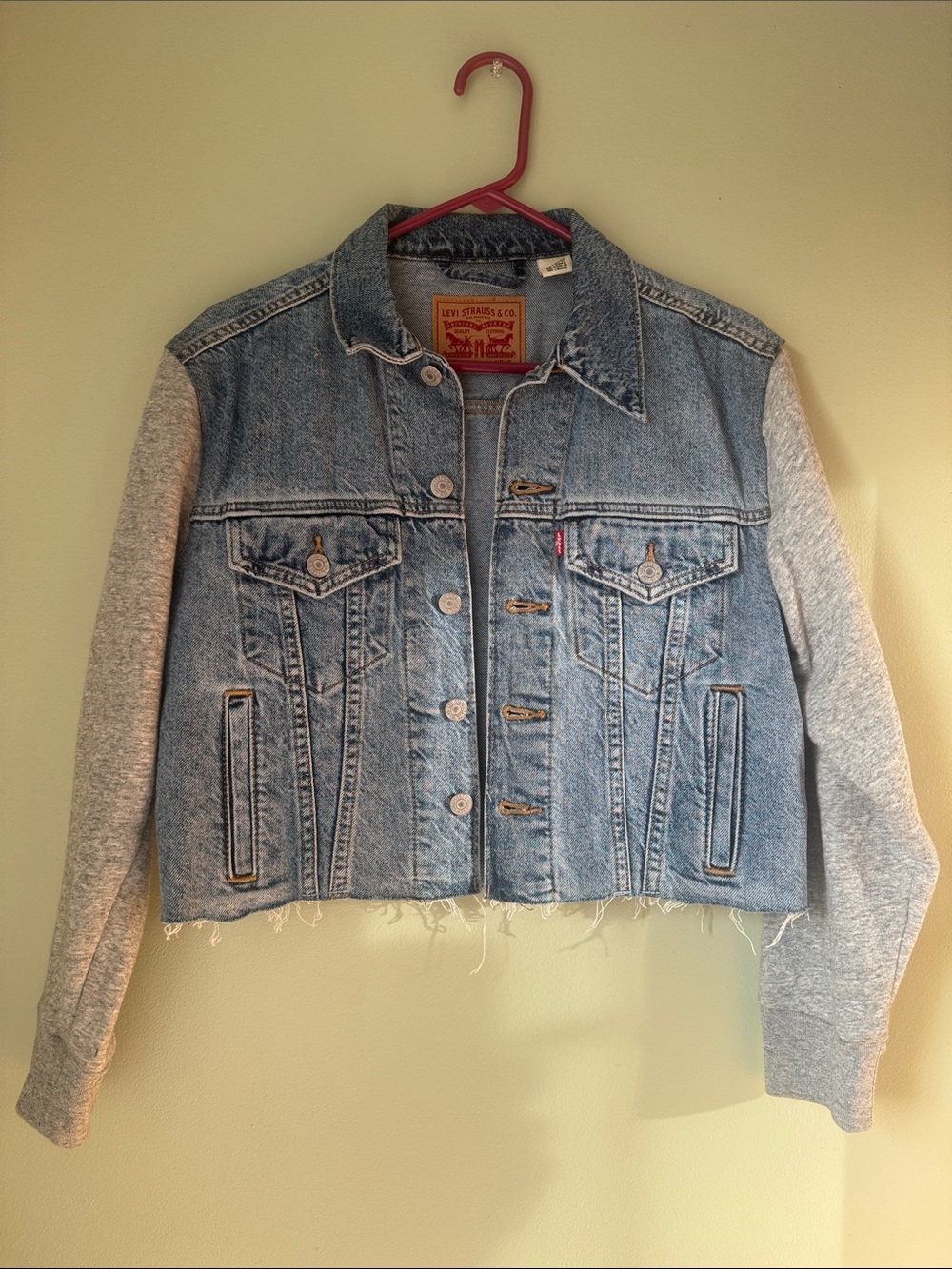 Levi's Light Blue Denim Jacket with Gray Knit Sleeves - Size S